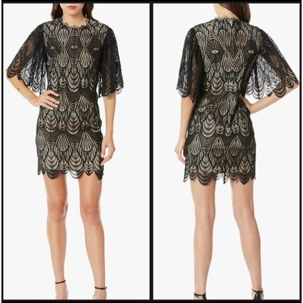 Dress The Population Toni Black Lace Nude Lined Flutter Sleeve Mini Dress L